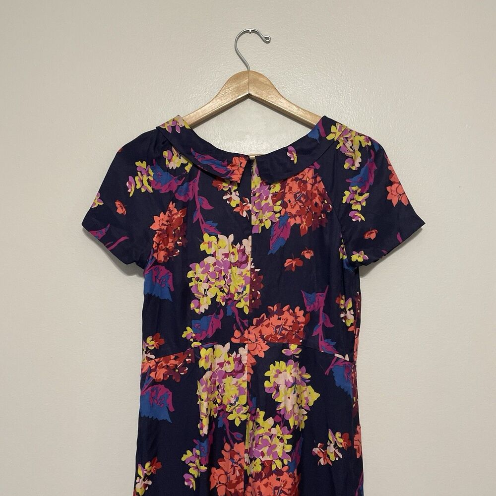 Boden Silk Blend Sheath Dress 6R Navy Blue Floral Collared Pleats Classy Preppy - Picture 7 of 15